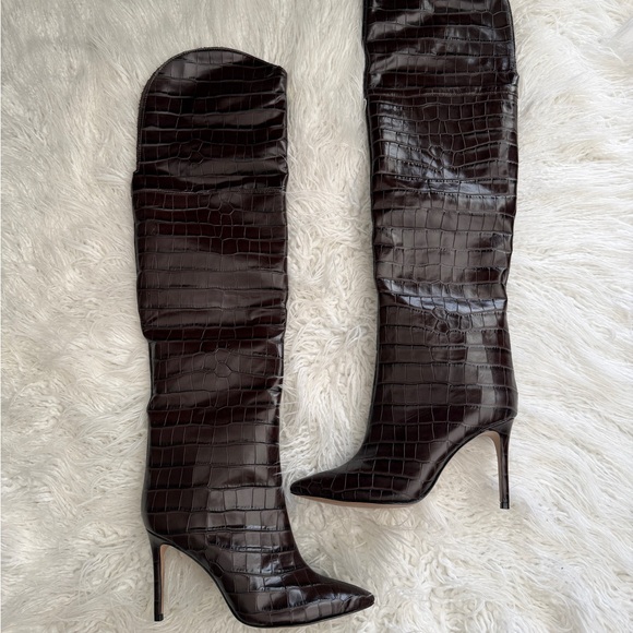 SCHUTZ Shoes - SCHUTZ Dark Brown Croc-Embossed Over-the-Knee Stiletto Boots